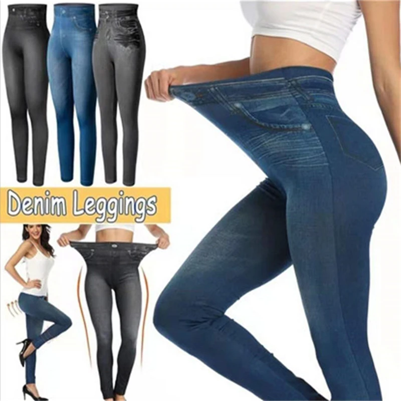 2024 Push Up Seamless High Waist Faux Denim Leggings Women Casual Elastic Pocket Jeans Print Pants Skinny Pencil Leggins Mujer - Image 6