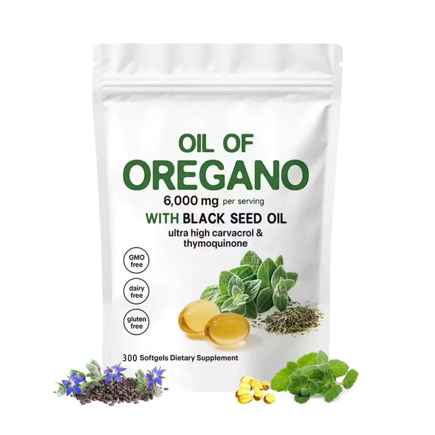 Oregano Oil & Black Seed Oil Herbal Softgels, All Natural Dietary Supplement 300 Capsules - Image 2