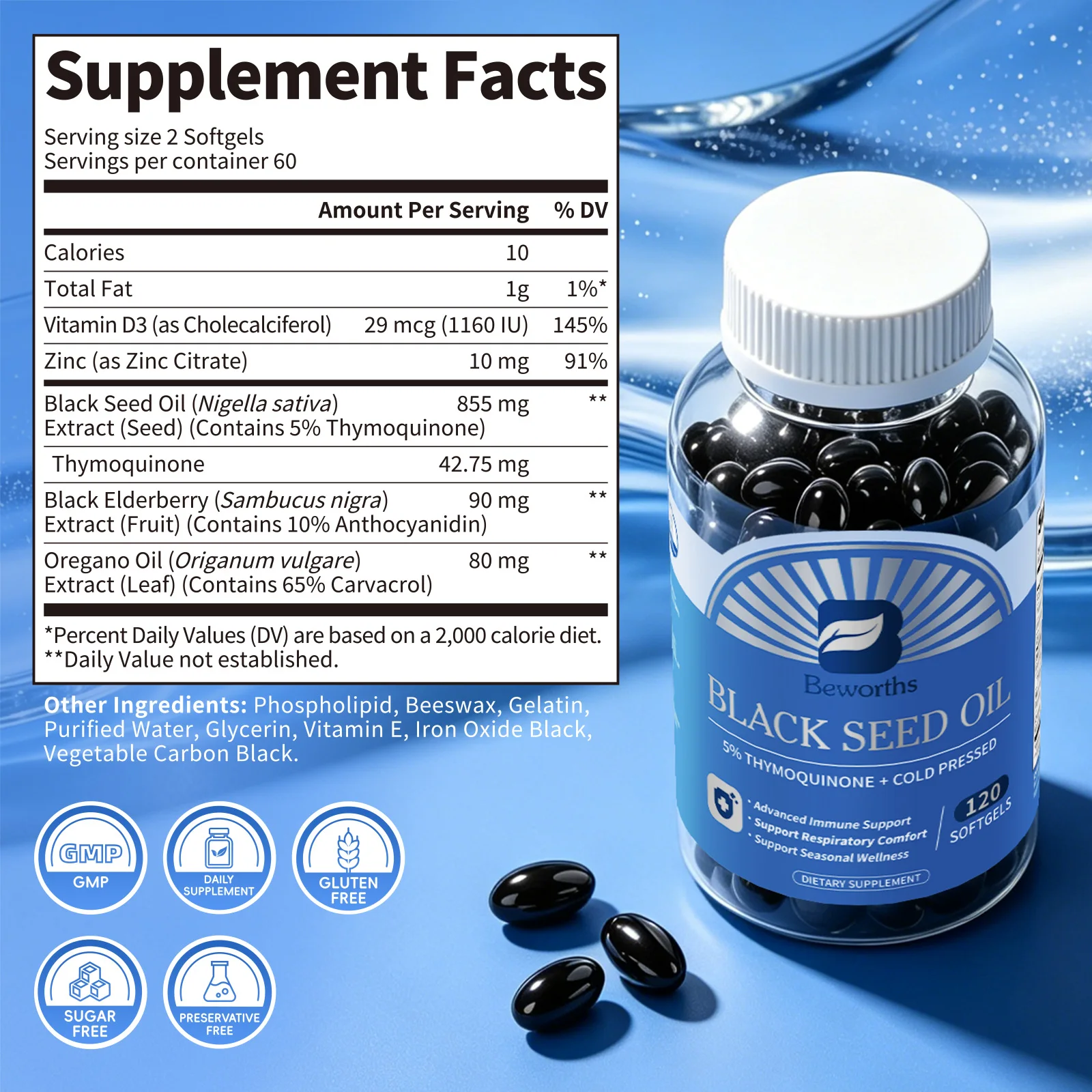 BEWORTHS 855mg Premium Black Seed Oil Capsules with Black Elderberry Extract Oregano Oil Extract Zinc + Vitamin D3 ALL-SEASON IMMUNE SUPPORT RESPIRATORY COMFORT SUPPORT - Image 2