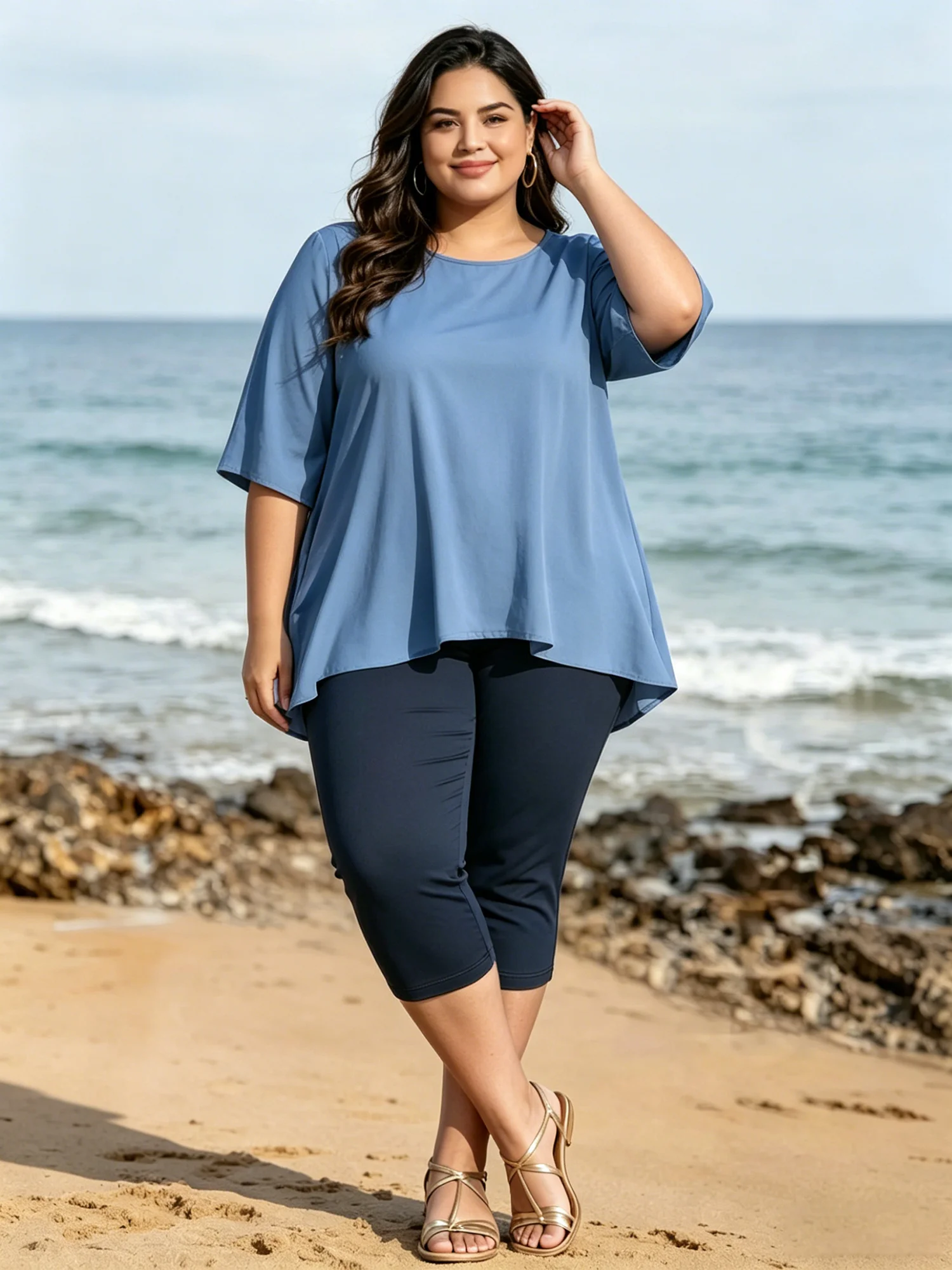 Plus Size Capri Leggings High Waist Tummy Control Stretchy Yoga Workout Women's Plus Size Pull on Stretch Capri Pants High Waist - Image 3