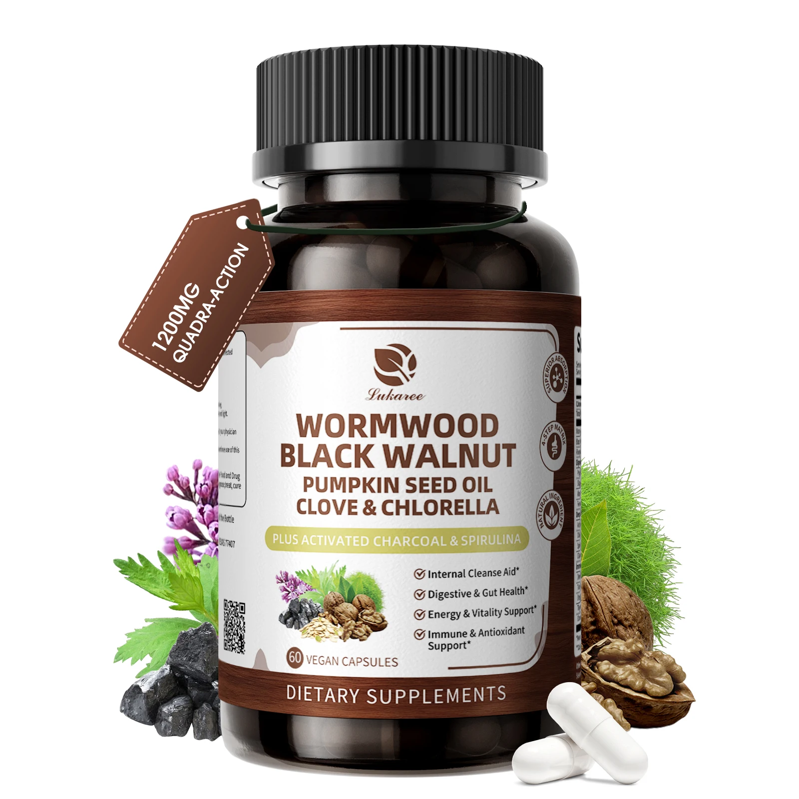 Lukaree 6-in-1 Wormwood Black Walnut Clove Capsules for Cleanse,Detox & Digestive Health with Pumpkin Seed 98% Absorption,Vegan