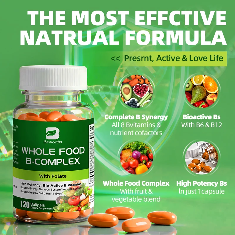 BEWORTHS Vitamin B Complex Capsules B1,B2,B3,B5,B6,B7,B12 Whole Food Supplement for Stress, Energy and Immune Support Non-GMO - Image 2
