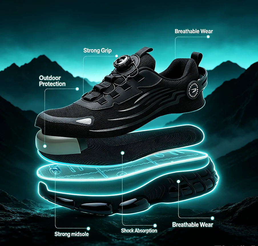 Men's Steel Toe Safety Shoes with Rotating Button Wear-Resistant Puncture Proof Work Sneakers for Protection