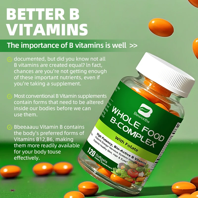 BEWORTHS Vitamin B Complex Capsules B1,B2,B3,B5,B6,B7,B12 Whole Food Supplement for Stress, Energy and Immune Support Non-GMO - Image 3