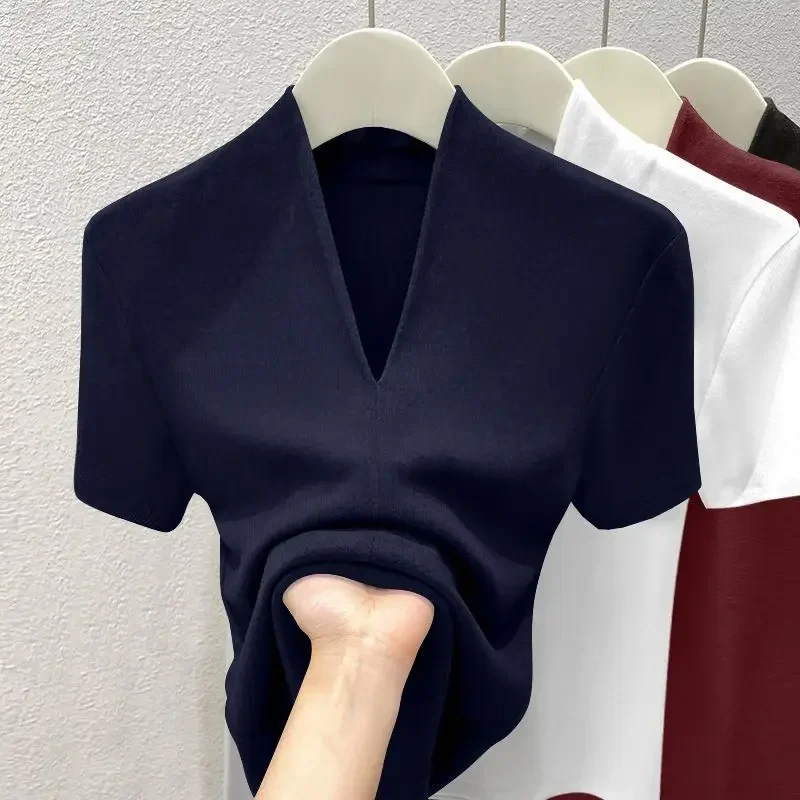 Women Threaded New Summer Short Sleeved Top for Fashion Versatile Base Shirt Plus Size Slim Fit V-neck Casual and Sexy T-shirt - Image 4