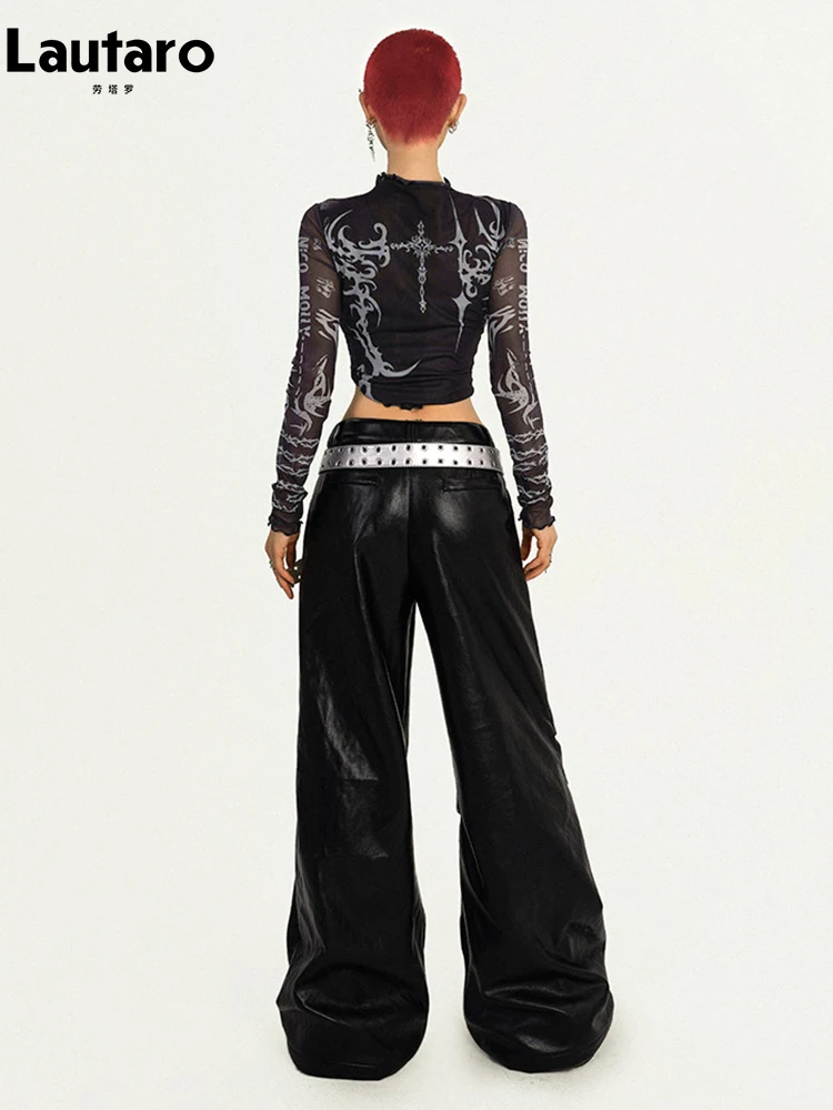 Lautaro Spring Cool Long Black Baggy Pu Leather Wide Leg Pants for Women with Many Holes Luxury Designer Emo Punk Clothes 2026 - Image 6