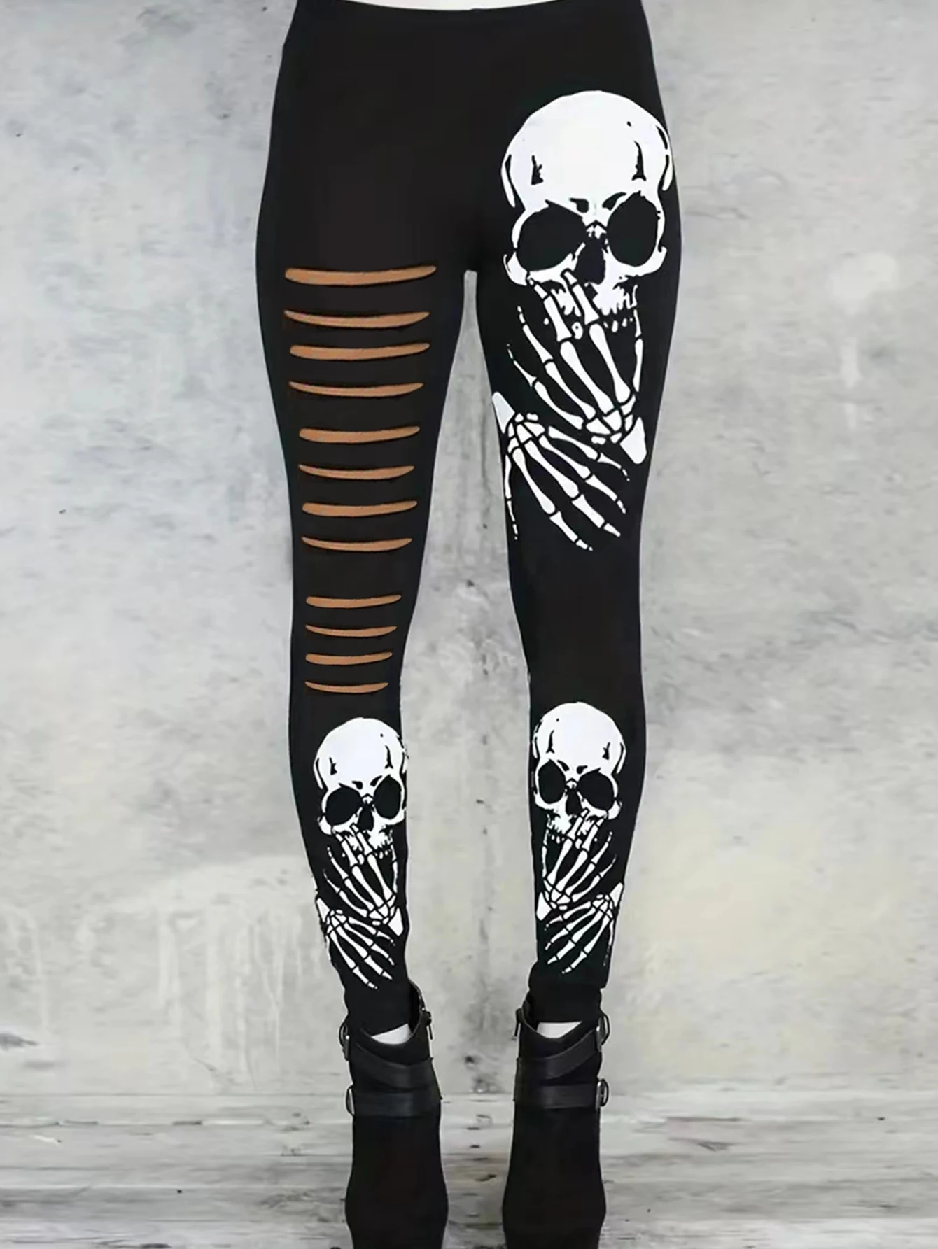 Europe And The United States Skull Printed Nine-point Pants Halloween Hole Leggings Personality Creative Style - Image 5