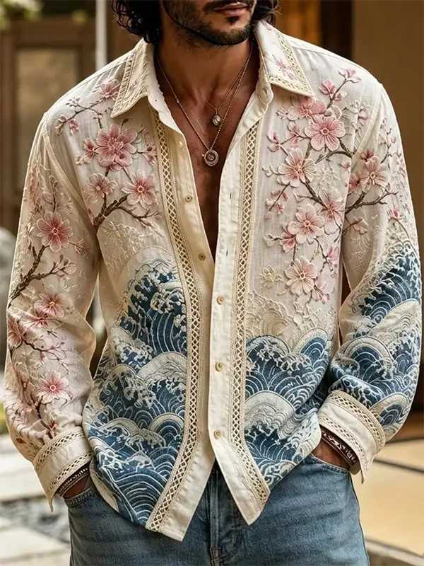 New artistic Chinese style long sleeved shirt with rice bottom, pink cherry blue wave front placket, men's top