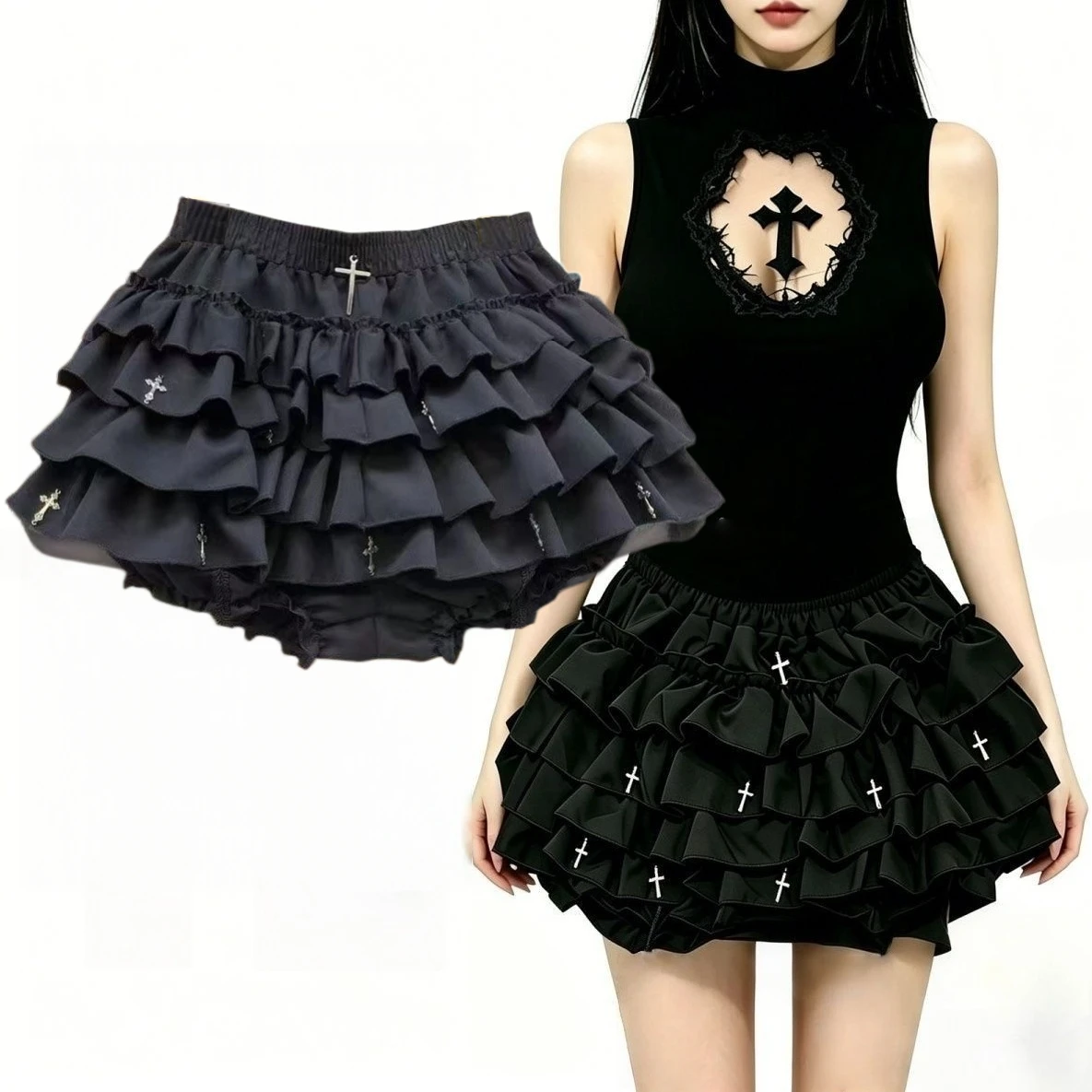 Women Skirts Tiered Ruffles Mini Skirt Cross Charms Built-in Shorts Kawaii Japanese Skort Gothic Punk Y2K Girl Harajuku 90s Sexy