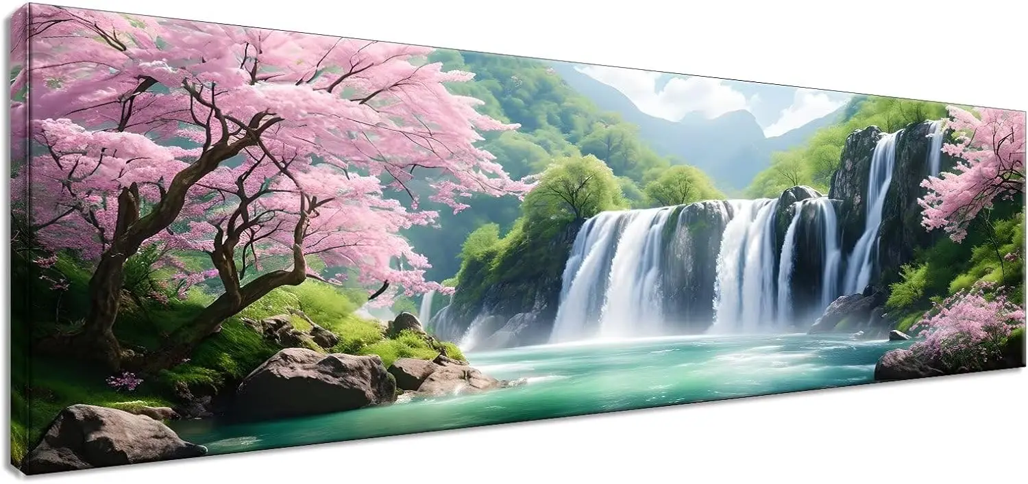 Large Diamond Painting Waterfall Diamond Art Kits for Adults,5D Diamond Art Painting Cherry Blossoms Diamond Painting Kit,DIY Paint with Diamonds Pictures Gem Art Paintings 24x72inch,Room Decor H1-744 60x180cm