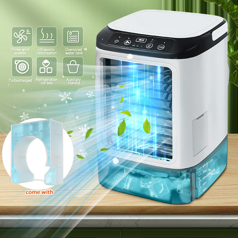 Mini Portable Evaporative Air Cooler 3 Speed Wind Mist Humidifier 7 Color Ambient Light Ice Box Desktop Cooling Fan for Home Office