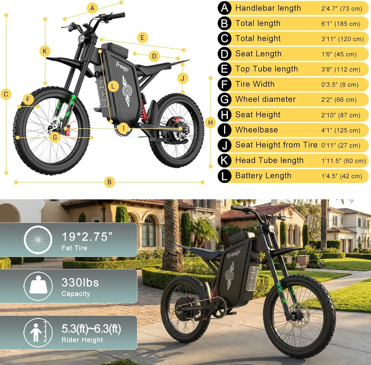 Freego Electric Dirt Bike for Adults X3 Electric Mountain Bike 8000W Motor 72V,50AH Battery Ebike Speed 56 MPH Electric Bicycle - Image 6