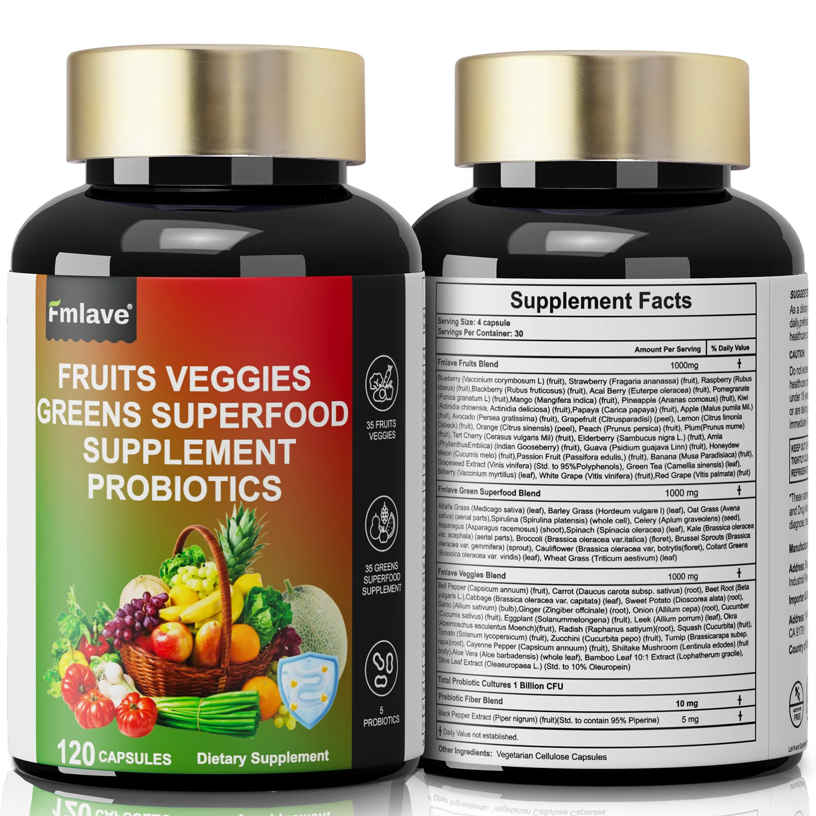 Fmlave Fruits and Veggies Supplement Reds & Green Superfood - Balance of Over 70 Fruit & Vegetable Supplements Capsules with Probiotics Prebiotics Digestive --120Caplules - Image 4