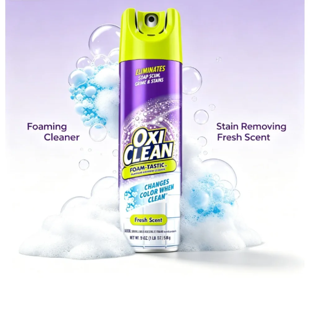 OxiClean Foaming Bathroom Cleaner effectively removes soap scum, dirt, and stains. Leaves a fresh scent. 19 oz.