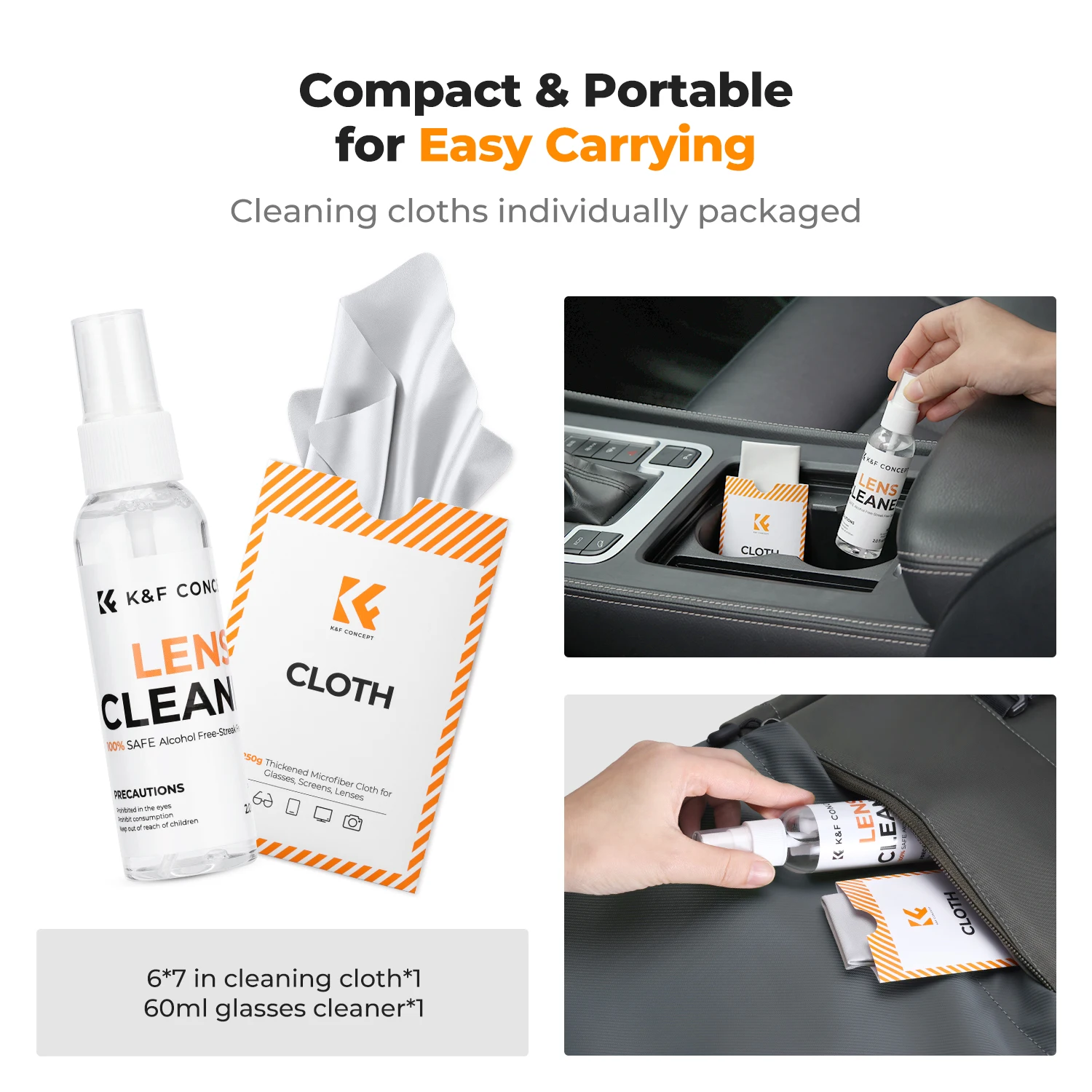 K&F CONCEPT 6x7inch 250g Premium Microfiber Cleaning Cloths+60ml Cleaner Spray for Camera Lens, Eyeglasses,Laptop Phone Screens - Image 2