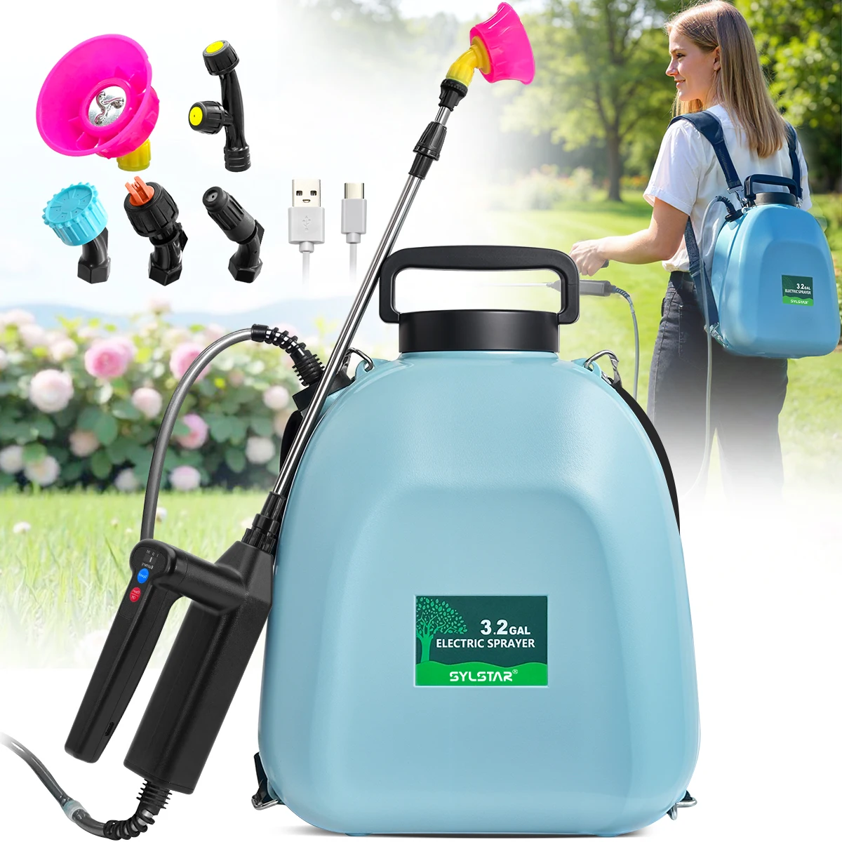 3.2 Gallon Battery Backpack Powered Sprayer,USB Rechargeable Garden Sprayer with 3 Adjustable Forces, Battery Indicator, 5 Mist Nozzles, 41
