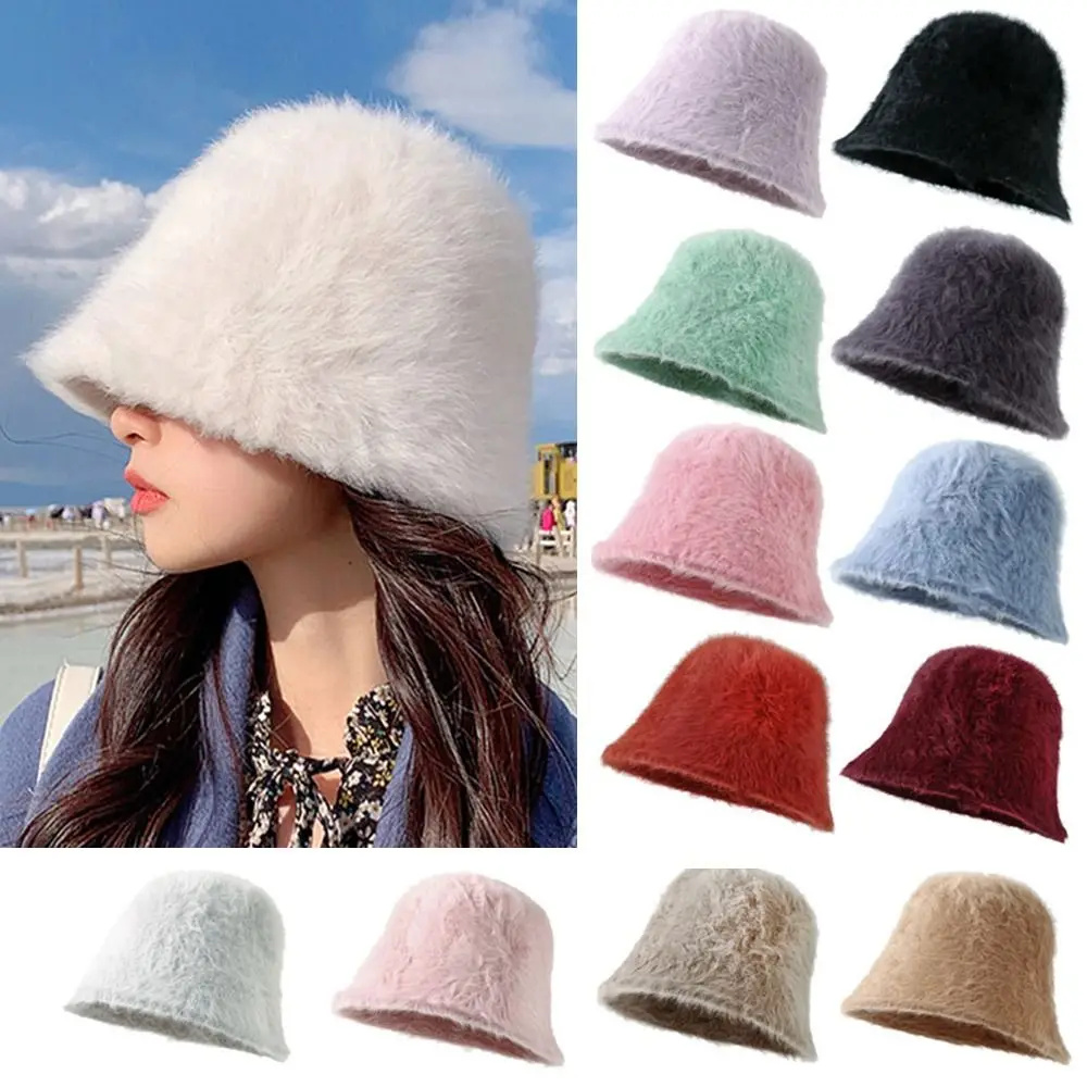 Outdoor Plush Plush Bucket Hat Warm Soft Panama Hat Furry Winter Basin Sun Cap for Women Fisherman Cap