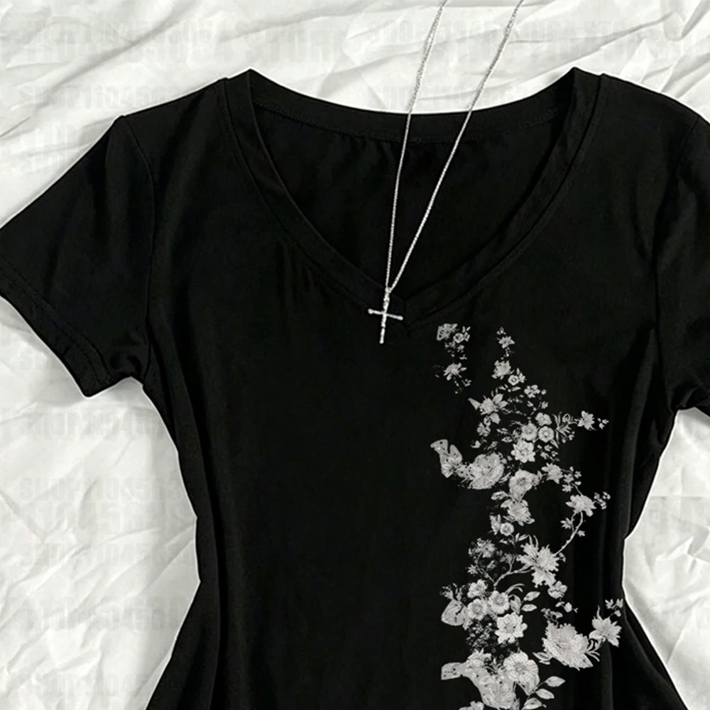 Women American Vintage Flower Print T-shirt Summer Grunge Retro Slim Fit Tees Y2K Harajuku Grunge Short Sleeve Hottie Tops New - Image 3