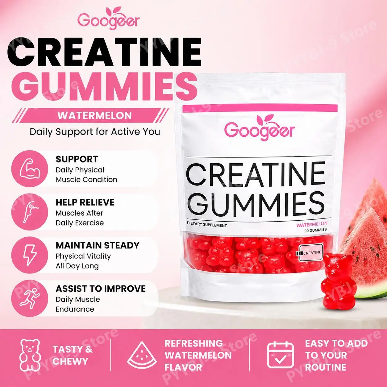 Googeer Creatine Gummies with L-Tyrosine, L-Theanine & Huperzine A for Muscle Growth, Strength, Energy & Endurance Support 90 CT