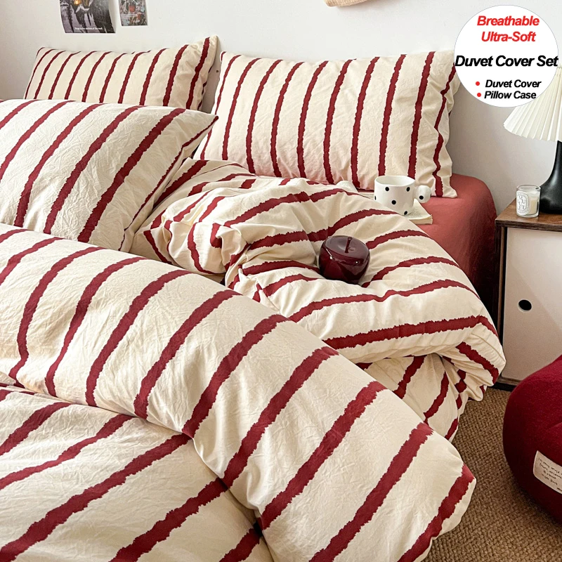 Striped Printed Microfiber Duvet Cover Set Bedding Set, Breathable Lightweight Soft, Fade-Resistant Hypoallergenic Washable