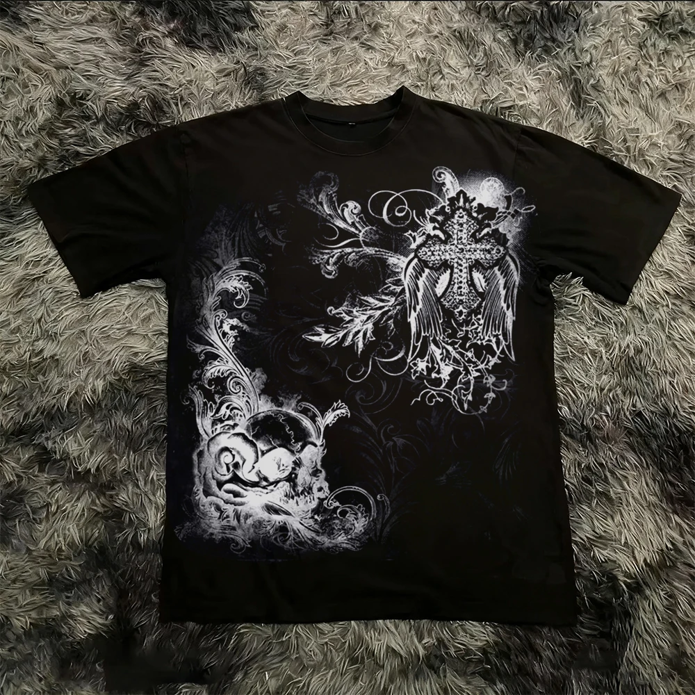 Summer Classic Y2K Gothic Style T-shirt Print Oversized T Shirt High Street Shirts Round Neck Cotton Tops Mens Women T Shirt Tee