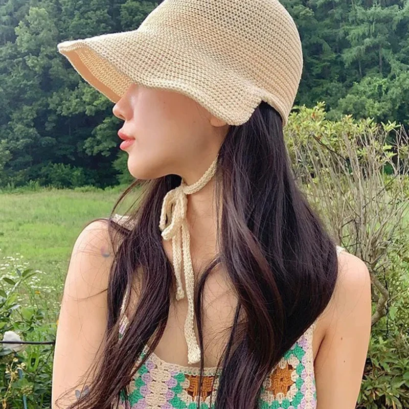 Summer Straw Sun Hat for Women Japanese Cute Strap Cap Summer Travel Versatile Sunscreen Wide Brim Bucket Hats