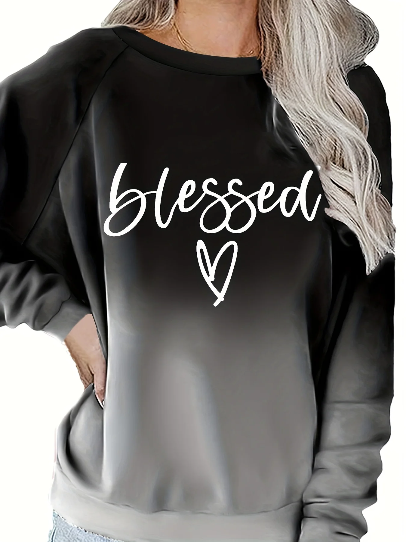Ombre Gradient Blessed Letter Heart Print Curvy Women Crew Neck Sweatshirt, Raglan Sleeve Slight Stretch Pullover Top, Casual Spring Fashion Comfortable Versatile Long Sleeve Daily Outfit