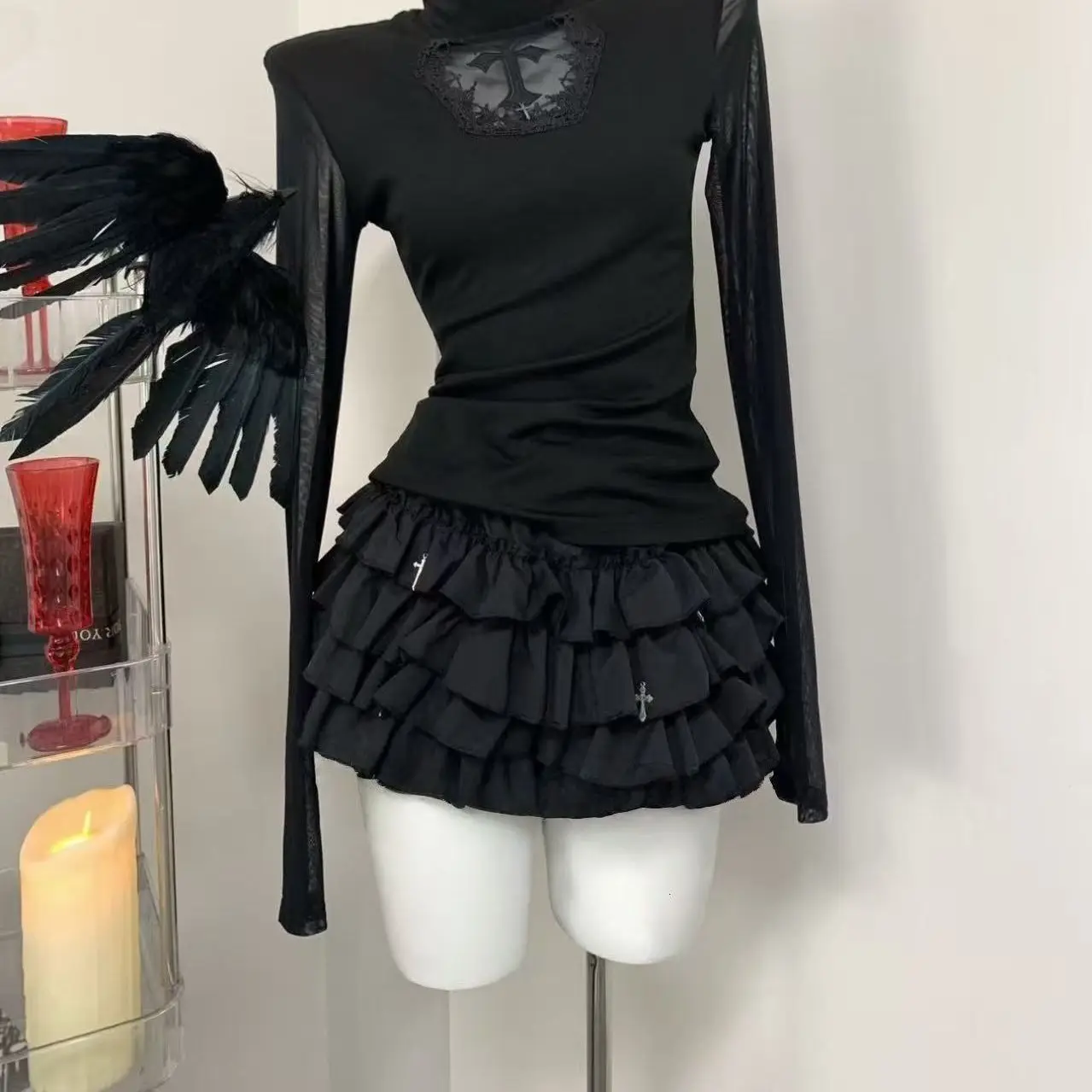 Women Skirts Tiered Ruffles Mini Skirt Cross Charms Built-in Shorts Kawaii Japanese Skort Gothic Punk Y2K Girl Harajuku 90s Sexy - Image 4