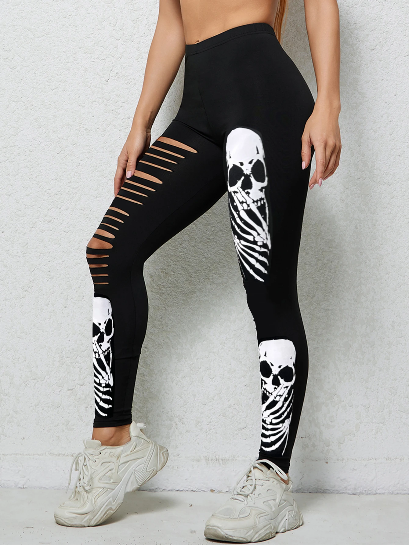 Europe And The United States Skull Printed Nine-point Pants Halloween Hole Leggings Personality Creative Style - Image 4