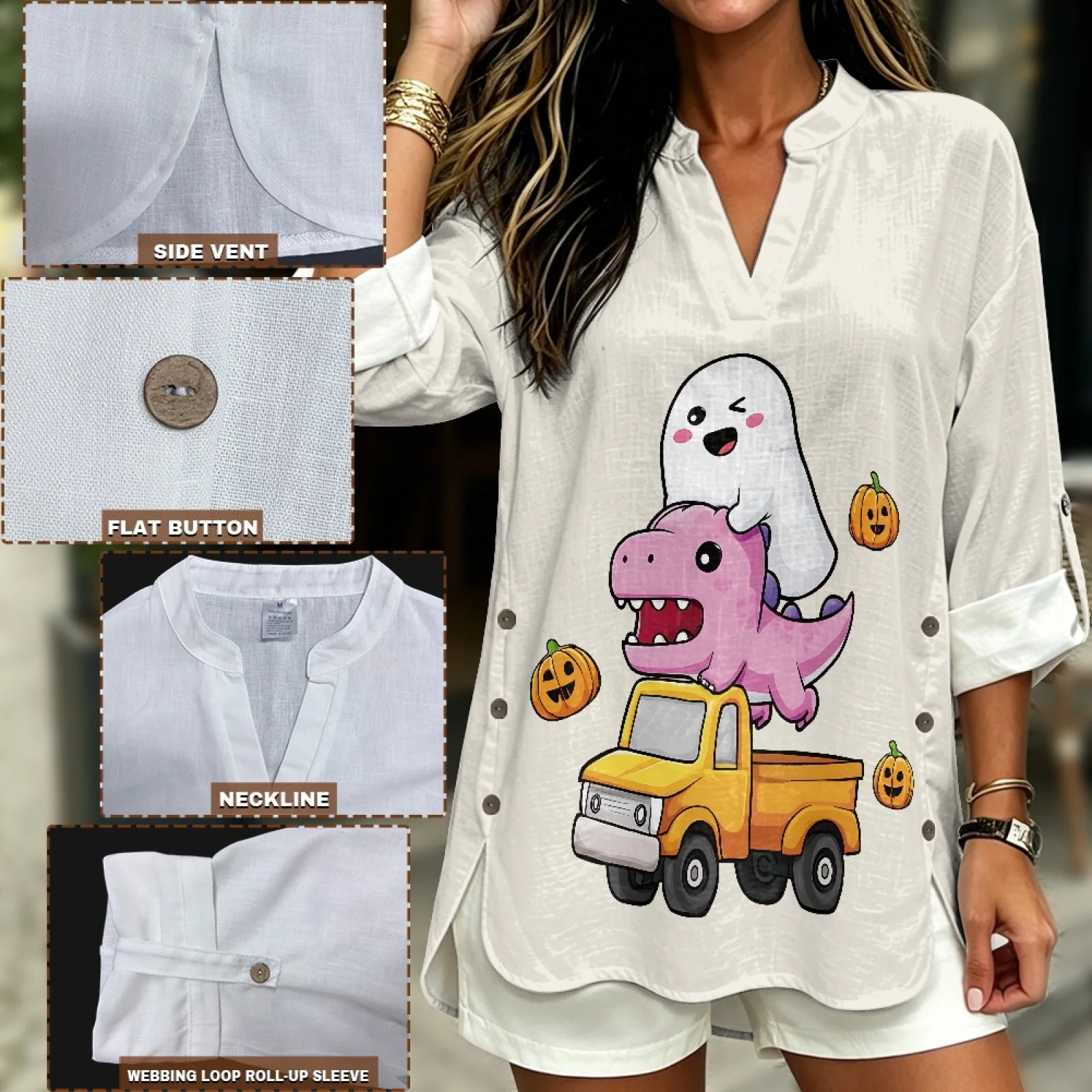INSTANTARTS Women's Linen V-Neck Shirt Short Woman plus size clothing Sleeve T-shirts Women Poleras Blusas Autumn Solid Color - Image 6