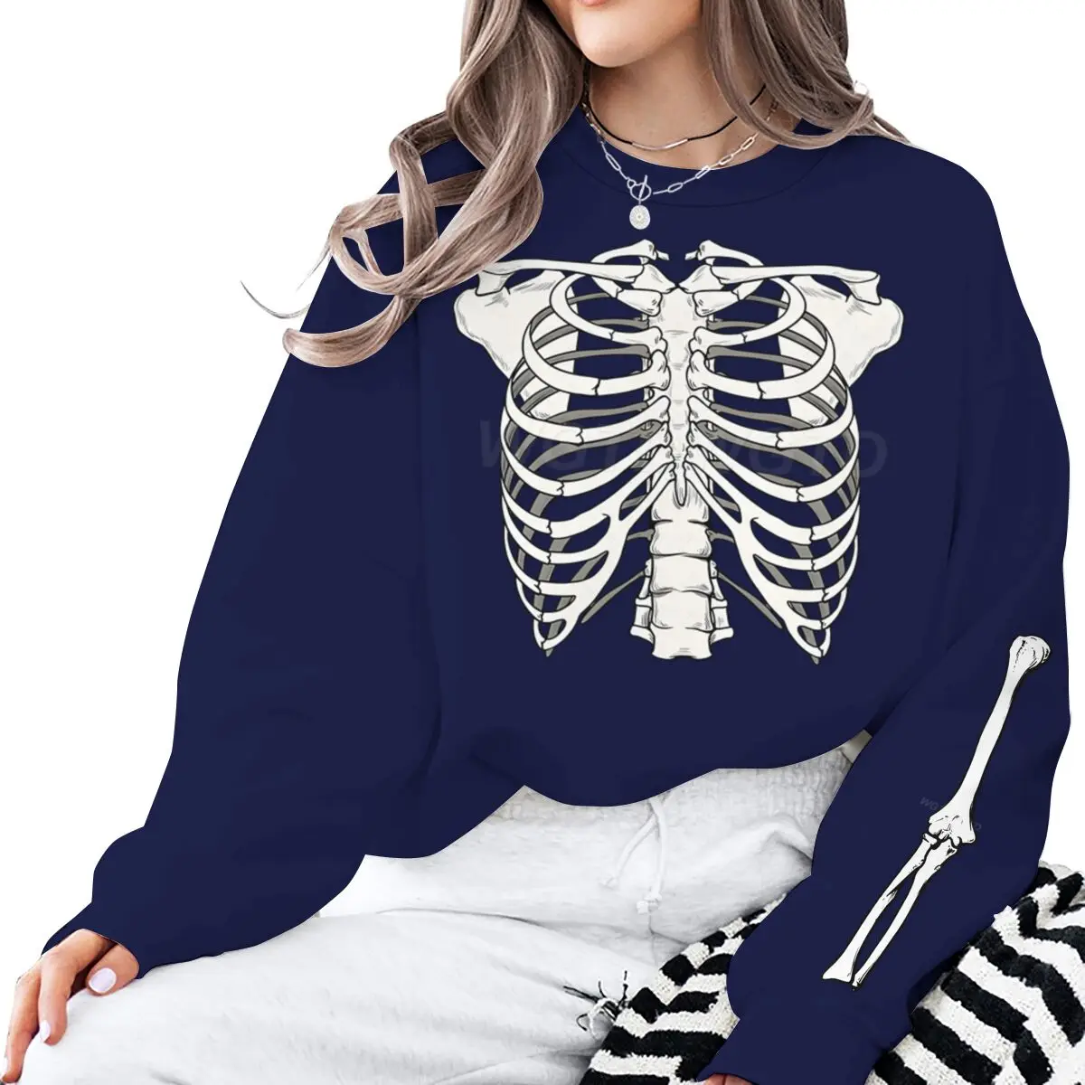 Halloween Skeleton Rib Print Sweatshirt Women Men Vintage Skull Crew Neck Long Sleeve Pullover Classic Halloween Sweatshirts - Image 6