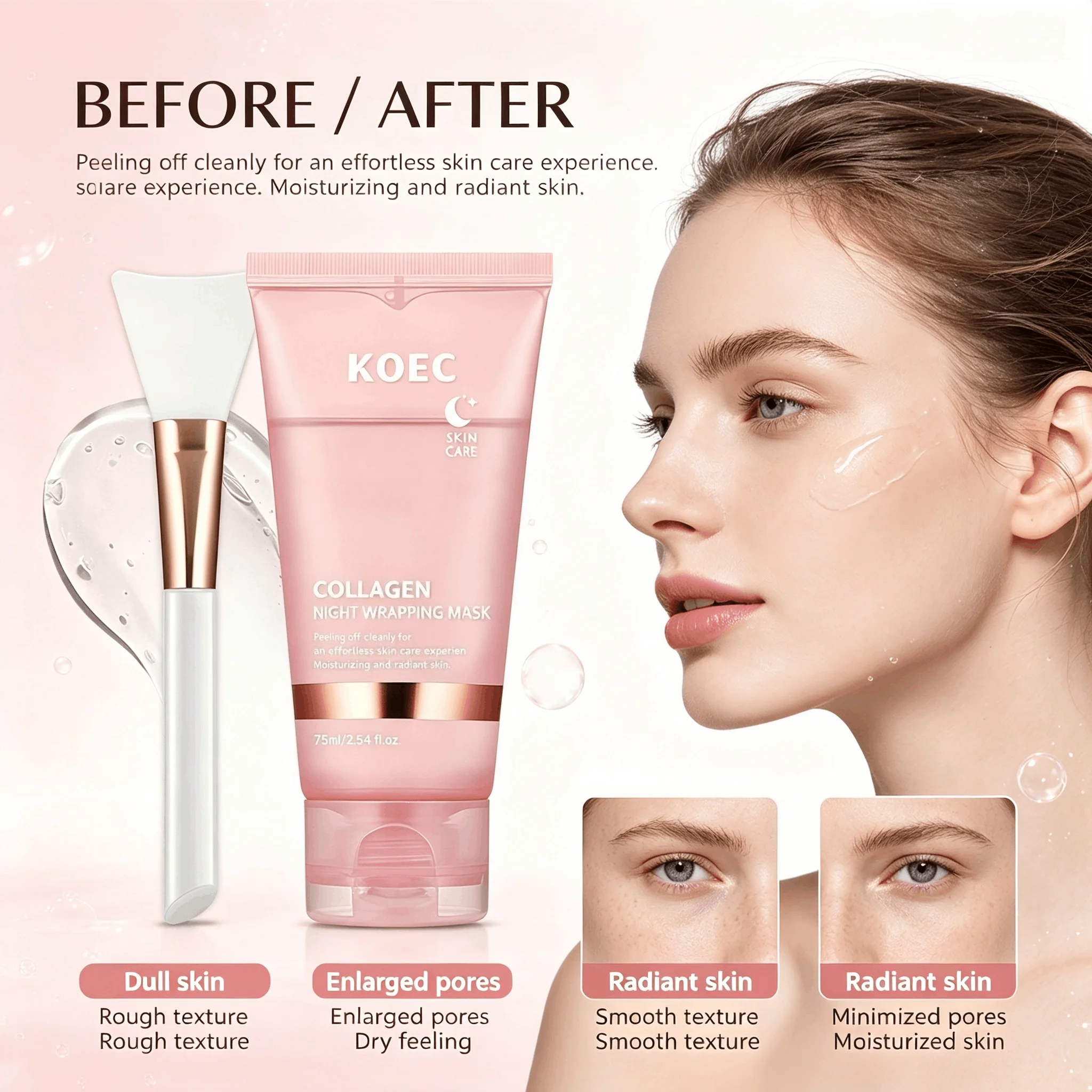 Collagen Peel Off Night Wrapping Mask, KOEC Hydrating Overnight Sleeping Facial Mask with Applicator Brush, Deep Collagen Moisturizer, Revives Dull Skin, Clean Peeling Skincare Mask for Smooth Radiant Complexion - Image 5