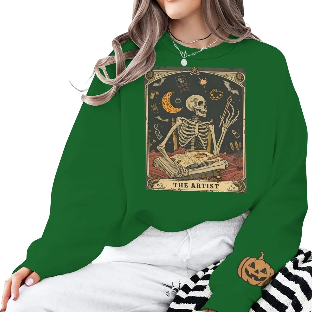 Halloween Skeleton Lovers Card Print Sweatshirt Women's Crew Neck Spooky Season Tops Long Sleeve Vintage Halloween Sweatshirts - Image 3