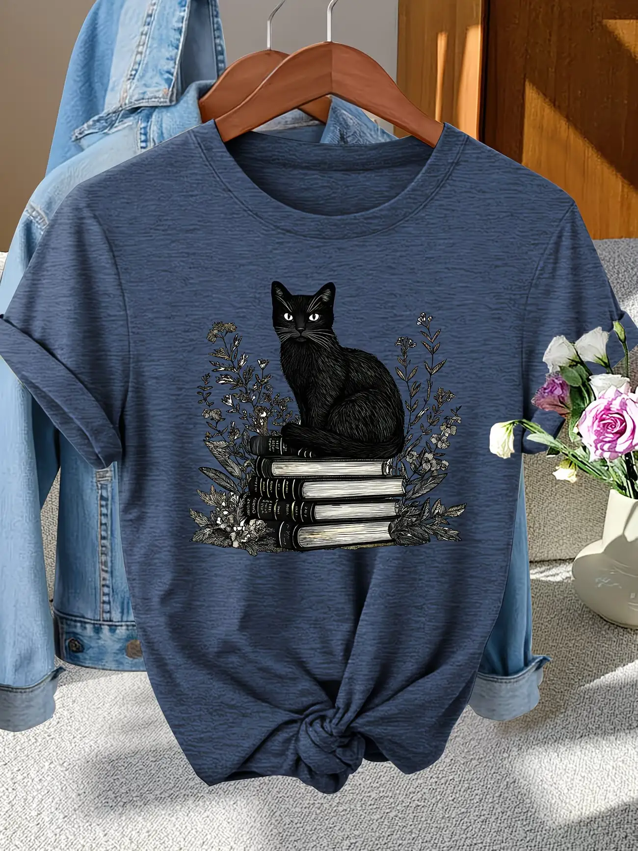 Plus size women's short sleeve T-shirt Black Cat Books Name Tag breathable fabric summer outfits women's clothing