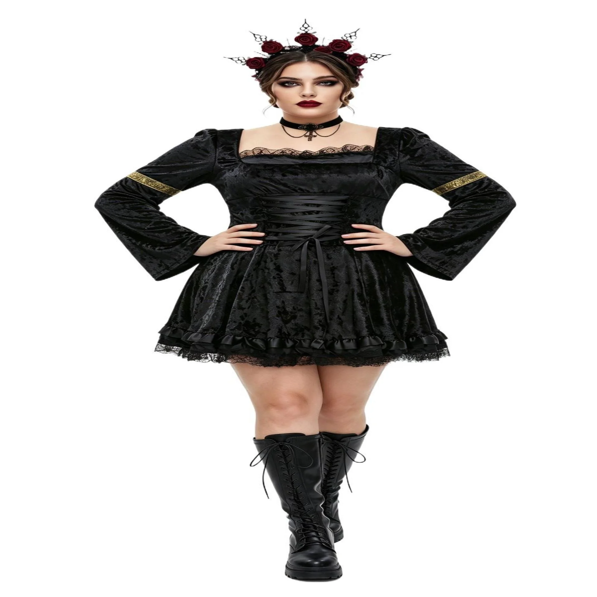 Gothic Style Dark Lace Dress Halloween Performance Costume plus Size Skirt Elegant Female T-Shirt Dress PVC Material - Image 5