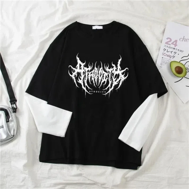 Women Atrocity Print Graphic Fake Two Long Sleeved T-shirts Fashion Gothic Retro Casual Loose Fake Two Long Sleeved T Shirt - Image 2
