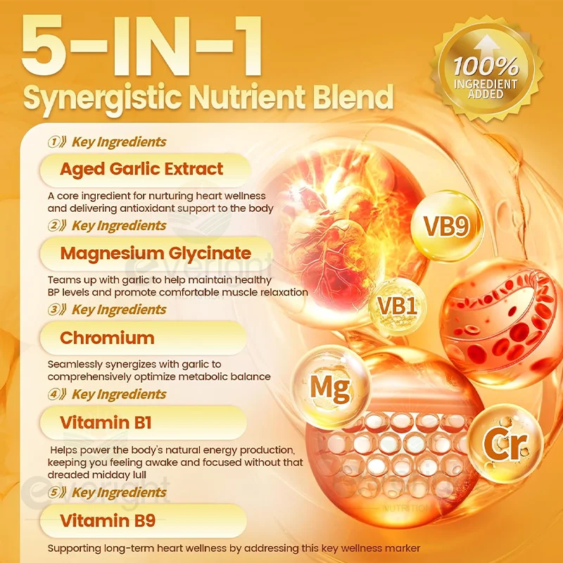 Aged Garlic Extract Capsules Odorless with Magnesium, Chromium, B1 & B9, Support Immune, Heart, Cardiovascular Health Supplement - Image 3