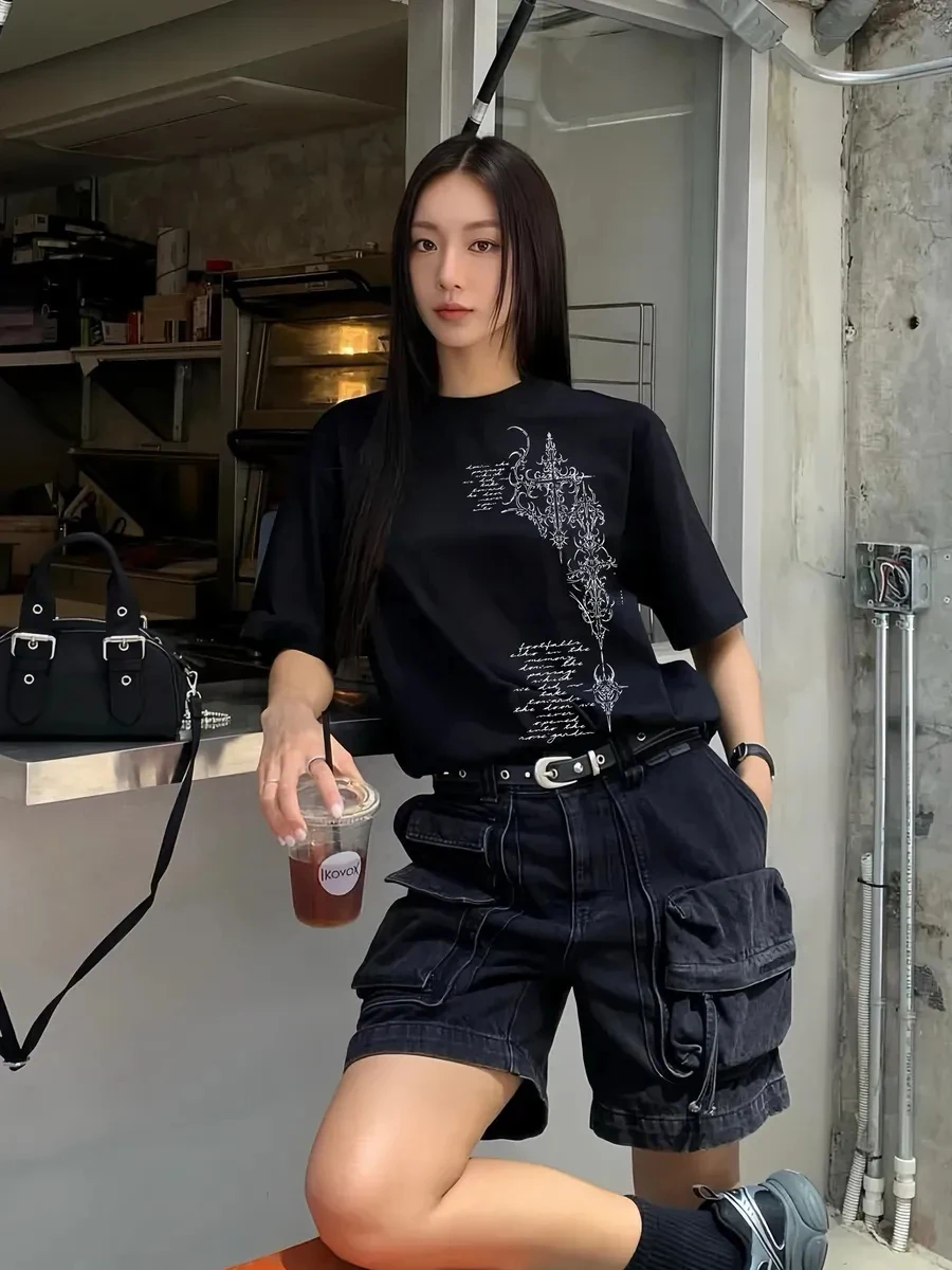 Women Y2K Gothic Cross Print Oversized T Shirt Harajuku Grunge Graphic Tees Vintage Black Short Sleeve Top Streetwear - Image 5