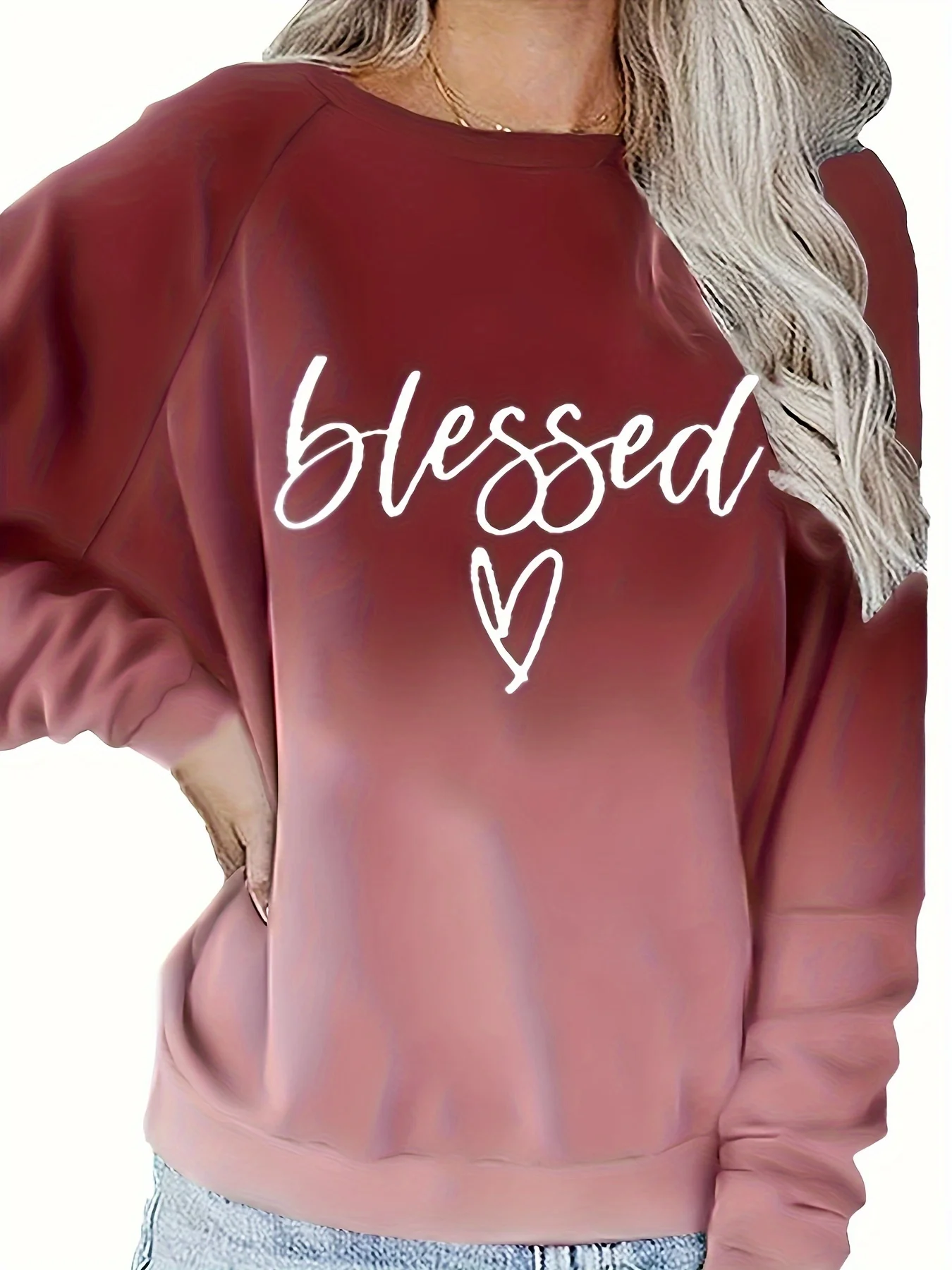 Ombre Gradient Blessed Letter Heart Print Curvy Women Crew Neck Sweatshirt, Raglan Sleeve Slight Stretch Pullover Top, Casual Spring Fashion Comfortable Versatile Long Sleeve Daily Outfit - Image 3