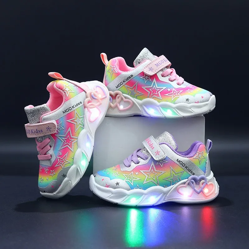 Girls' Rainbow Star Sports Shoes 2026 New Fashionable Cute and Versatile Soft Bottom Anti Slip Rainbow Color Flashing Sport Shoe
