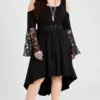 Plus Size Gothic Cold Shoulder Lace Bell Sleeve Midi Dress, Criss Cross Lace Up Waist Asymmetrical High Low Hem Long Sleeve
