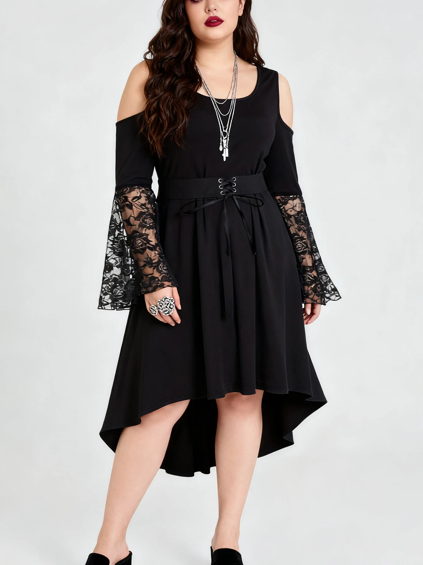 Plus Size Gothic Cold Shoulder Lace Bell Sleeve Midi Dress, Criss Cross Lace Up Waist Asymmetrical High Low Hem Long Sleeve