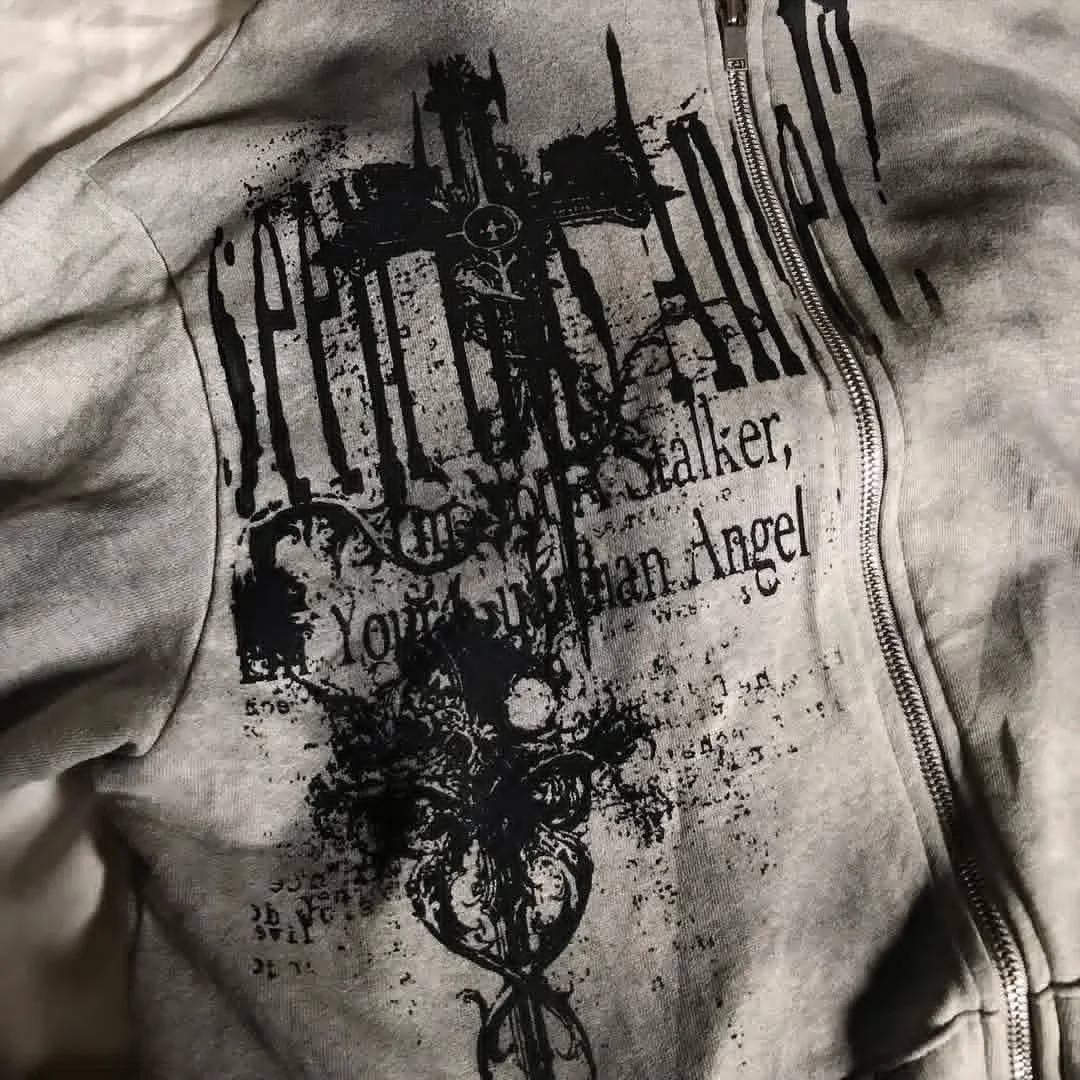 Harajuku Grey Hoodie Fashion Street Gothic Skull Oversize Zipper Hoodie Men Women Hip Hop Casual Sweatshirt Personality Hoodie - Image 3
