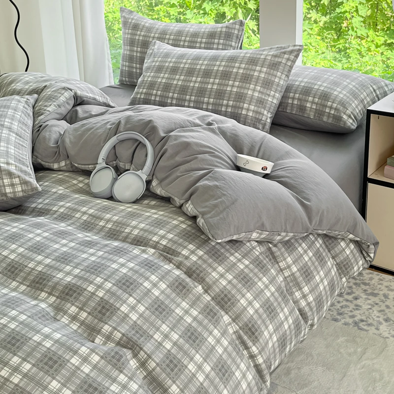 3pcs Simple, soft and skin-friendly duvet cover 3-piece set (1 duvet cover +2 pillowcases) (without core)Striped checkered - Image 3