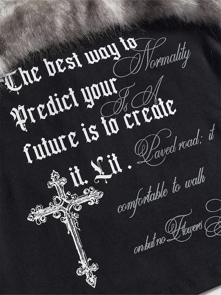 2026 Summer Women Y2K Grunge Goth Streetwear Sexy Faux Fur Trim Cross Letter Print Slim Fit Cropped Halter Neck Cami Tank Top - Image 2