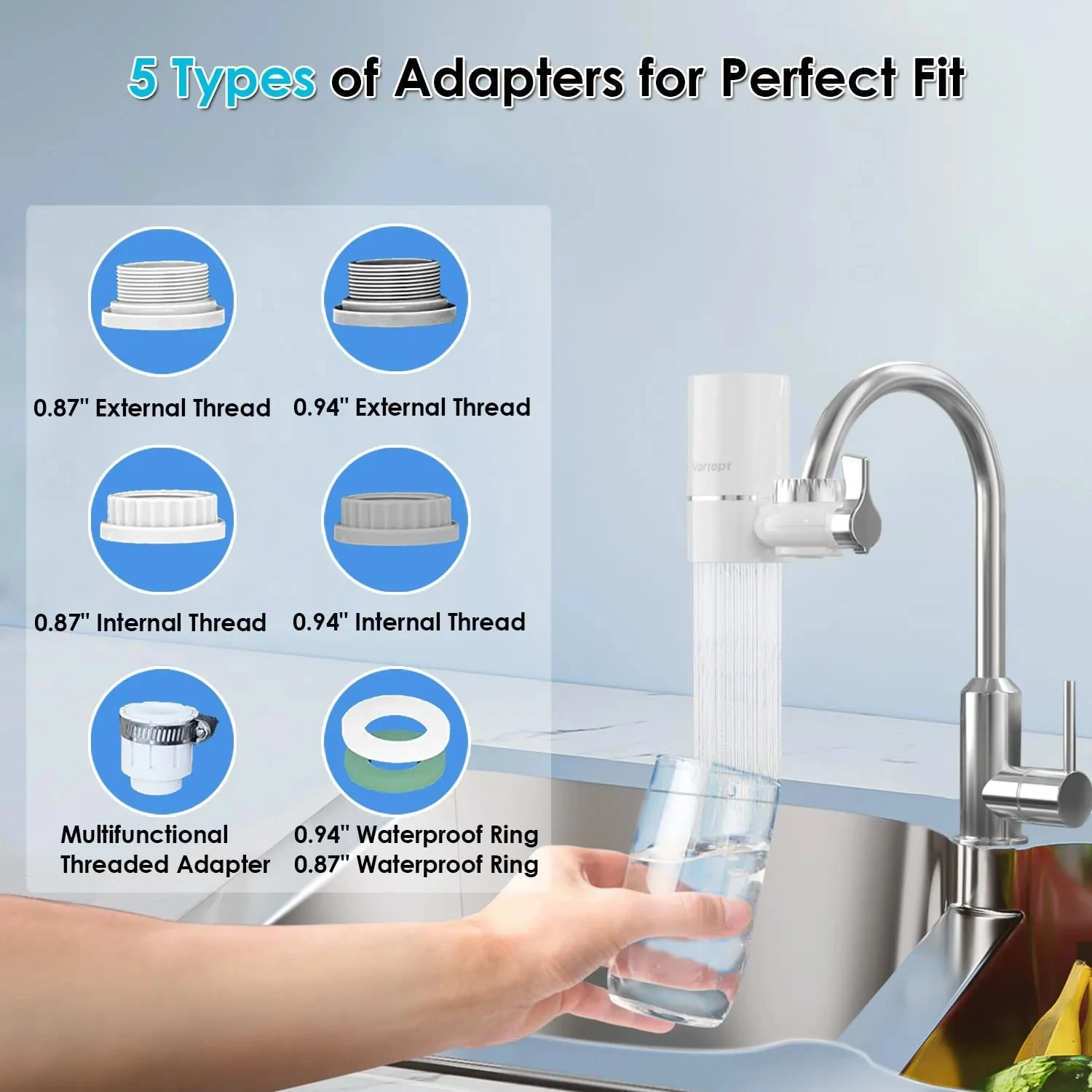 Vortopt Faucet Water Filter NSF Certified Tap Water Purifier T1 with 5 Replacement Cartridges 400 Gallon Kitchen Filtration Kit - Image 5