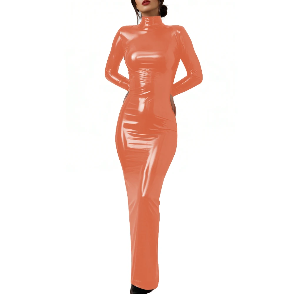 Plus Size Vintage Movie Glossy PVC Dress Gothic Lock Back Cosplay Old Hollywood Bodycon High Neck Costume Gown Sexy Party Dress - Image 2