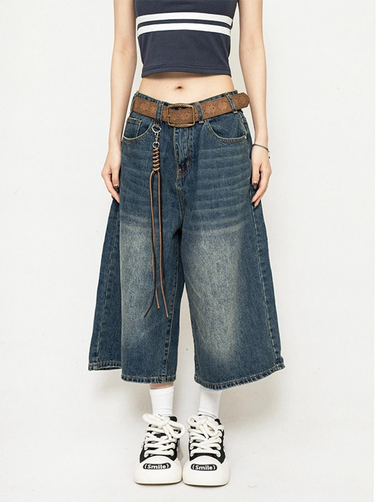 High Waist Black Retro Washed Denim Shorts Women's Harajuku Vintage Fashion Casual Loose Y2K Streetwear Mid Long Wide Leg Pants - Image 4