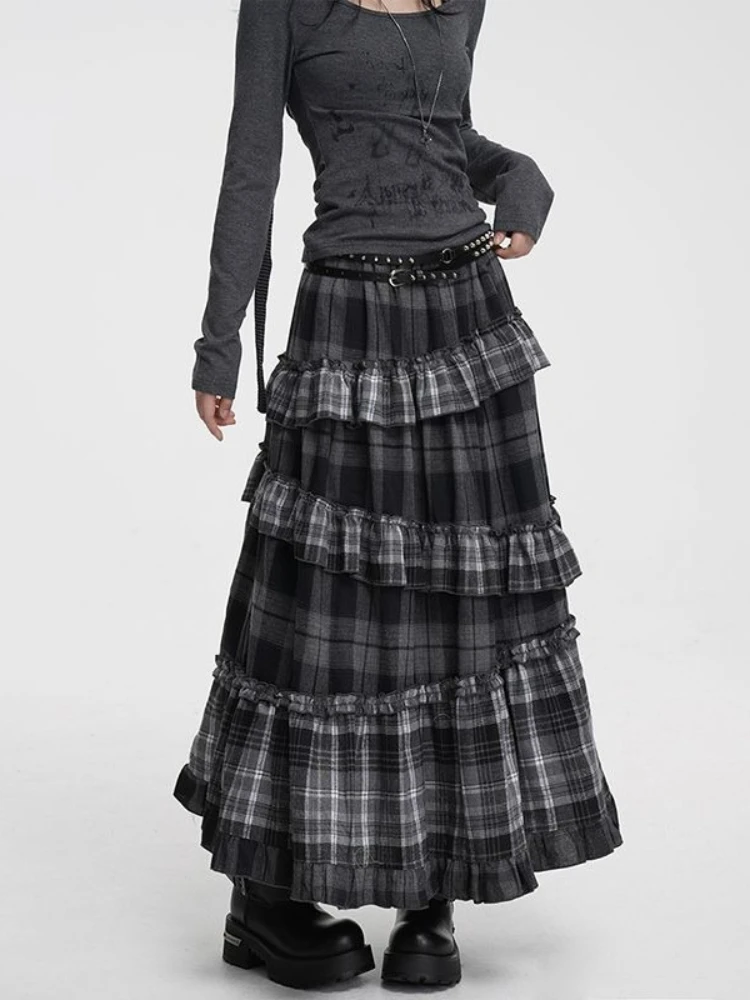 Y2k Harajuku Vintage Long Skirts Plaid Ruffles Patchwork Casual Loose Cake Skite Punk Gothic Streetwear All Match Women Clothing