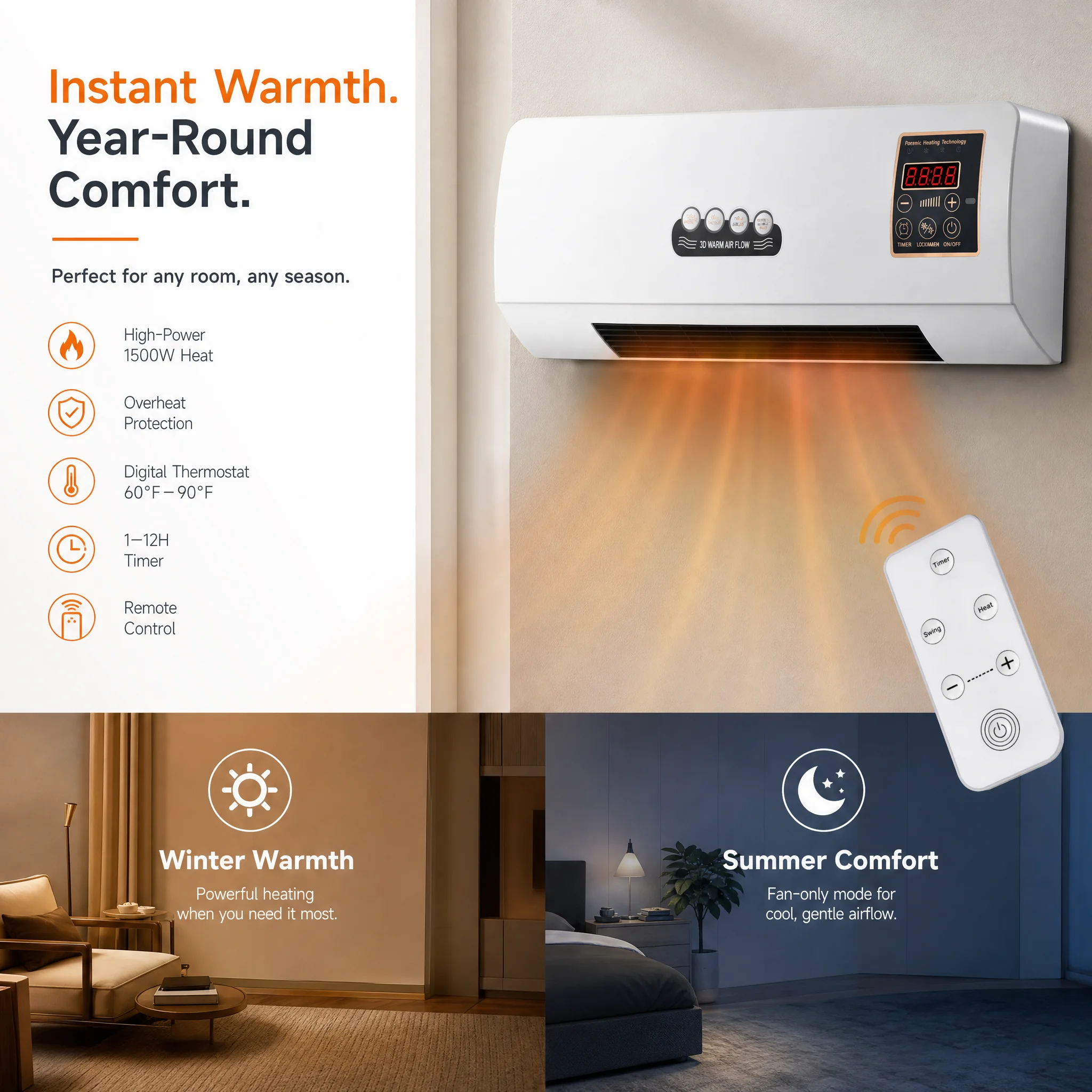 Wall Mounted Air Conditioner/Thermo Fan Heater - Portable 2000W Cooling and Heating Unit with Remote Control for Home Office and Bedroom, Smart Timing Feature